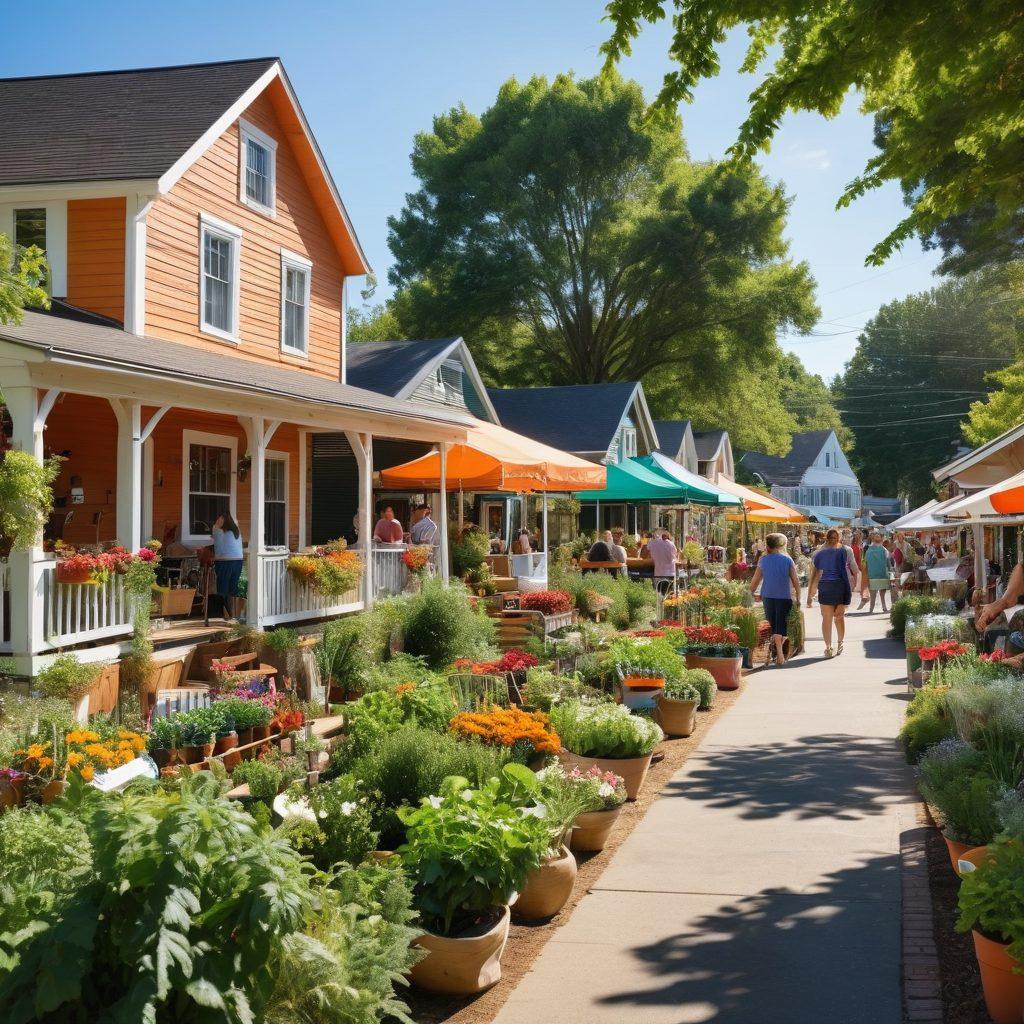 A vibrant neighborhood scene bustling with diverse families engaging in community activities, such as a farmer's market, children playing, and neighbors chatting on porches. Bright greenery and colorful houses create a welcoming atmosphere, highlighting a sense of unity and togetherness. Include elements of sustainable living and outdoor gatherings that inspire a connected community. super-realistic. vibrant colors.