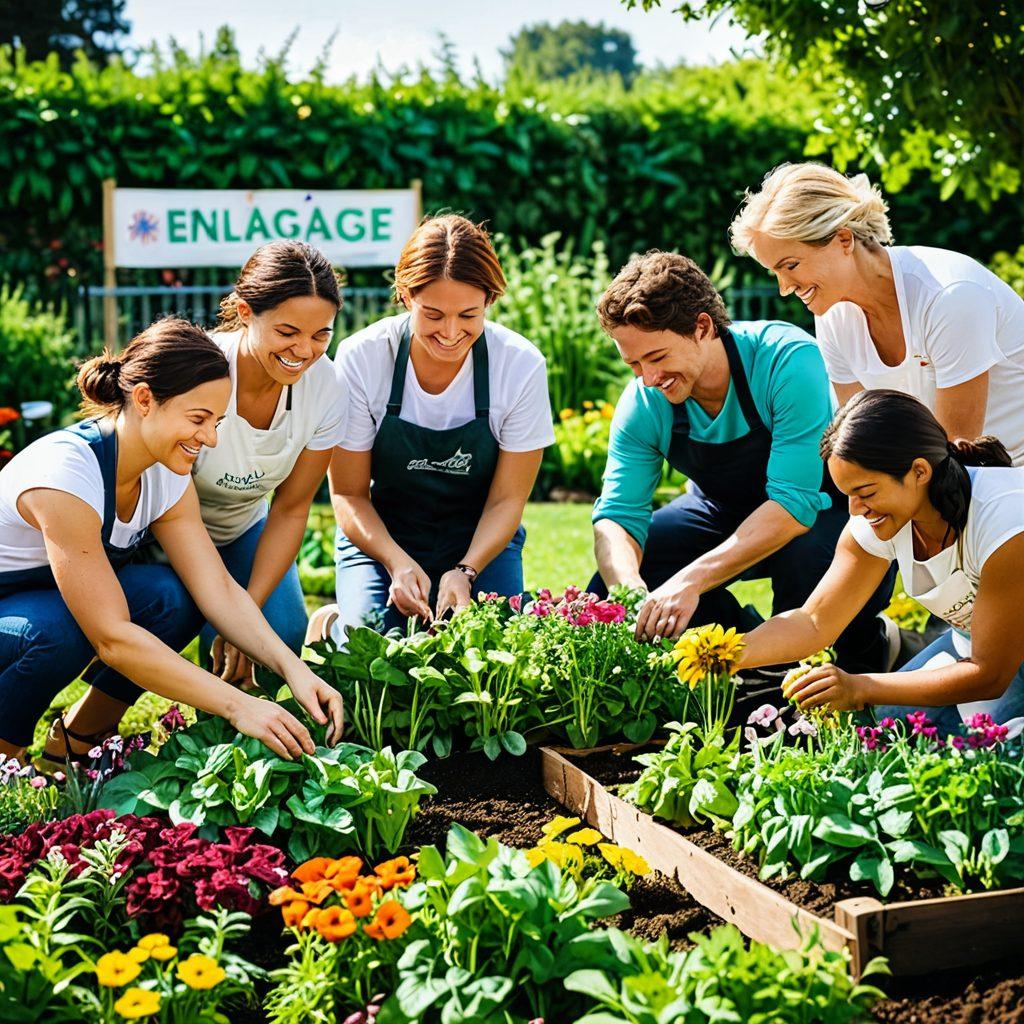 A diverse group of people from various backgrounds collaborating in a vibrant community garden, planting flowers and vegetables together. In the background, a banner reading 'Engage and Thrive' flutters, surrounded by lush greenery. Bright sunlight bathes the scene, creating a warm and inviting atmosphere. Super-realistic. Vibrant colors. White background.