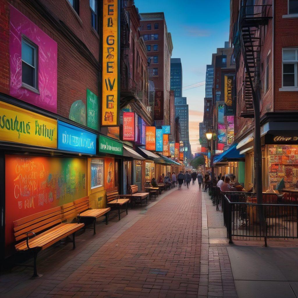 A vibrant city skyline with an array of colorful neighborhood signs showcasing local events, cafes, and news updates. Include diverse groups of people engaging with each other, reading newspapers, and sharing information. The scenery should embody a sense of community and connection, with elements like park benches and bustling streets. super-realistic. vibrant colors. dynamic composition.